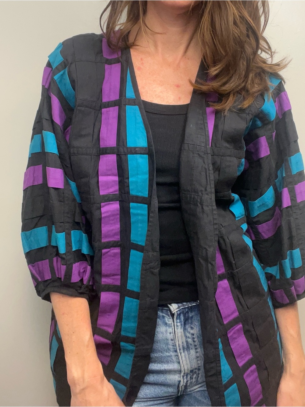 VTG Yak Magic Boho Black Cotton Cardigan/Cocoon Jacket Woven Purple&Teal – M/L